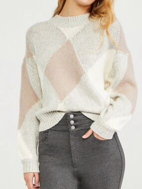 Ann Taylor Argyle Crewneck Sweater in Cream and Taupe